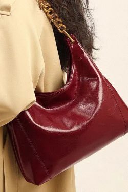 New Boutique Red Large Capacity Faux Leather Shoulder Bag