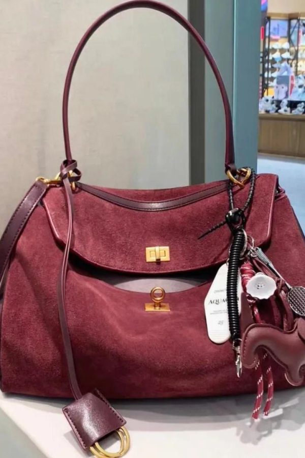 New Boutique Red Versatile Suede Satchel Handbag