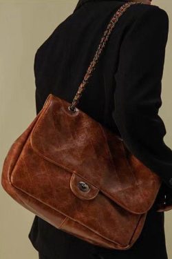 New Brown Large Capacity Faux Leather Chain Linked Satchel Handbag