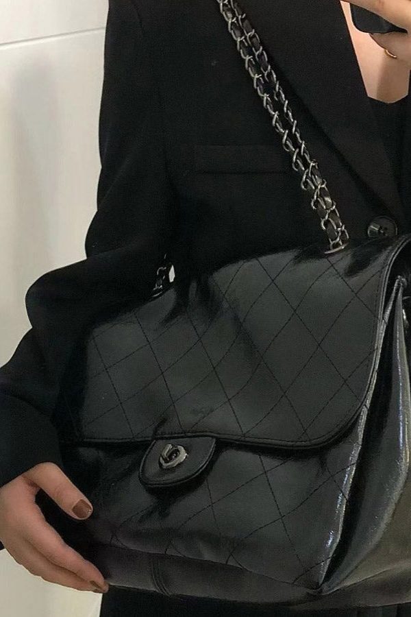 New Brown Large Capacity Faux Leather Chain Linked Satchel Handbag