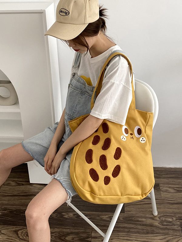 New Cartoon Embroidered Drawstring Canvas Large Capacity Shoulder Bag