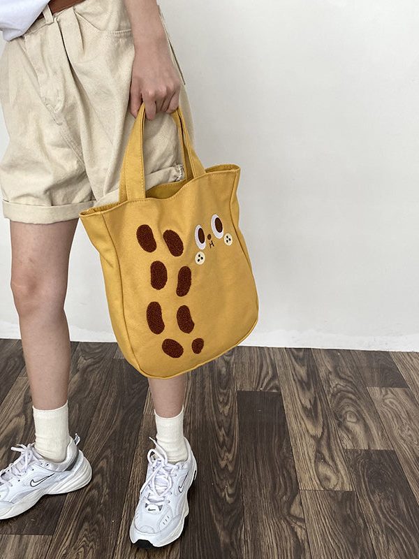 New Cartoon Embroidered Drawstring Canvas Large Capacity Shoulder Bag