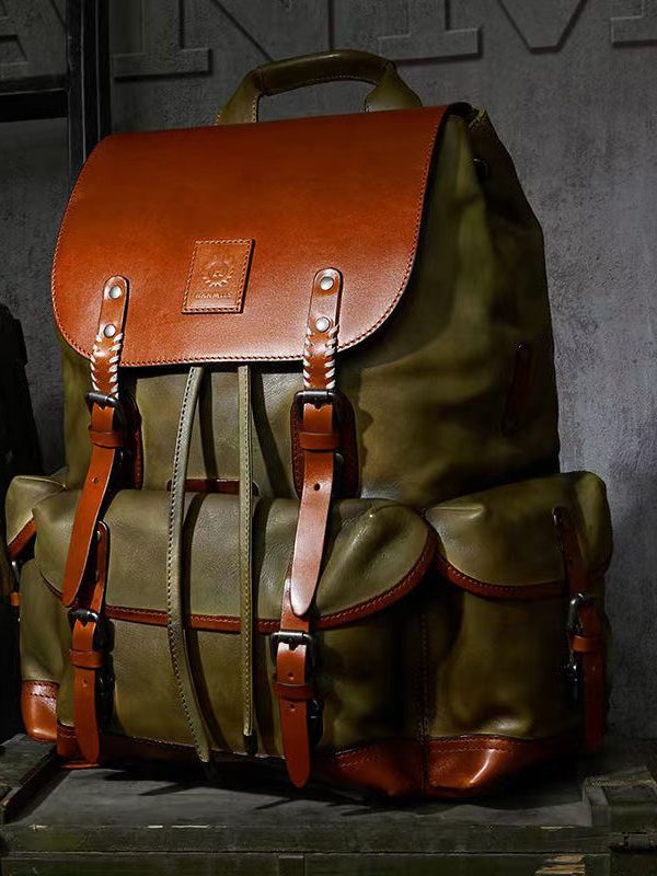New Casual Army Green Cowhide Large Capacity Travel Backpack