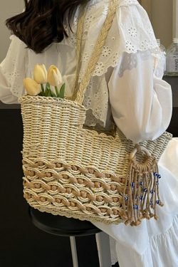 New Casual Khaki Versatile Grass Woven Shoulder Bag