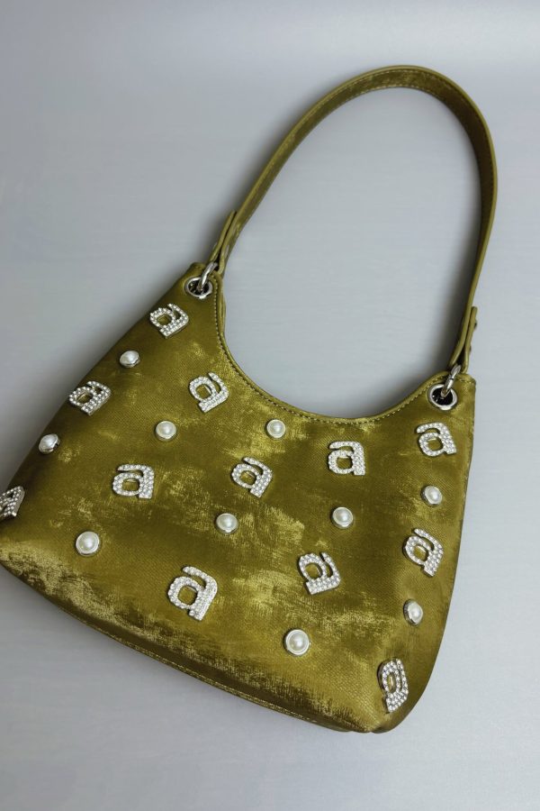New Chinese Style Green Silk Rhinestone Letter Shoulder Bag