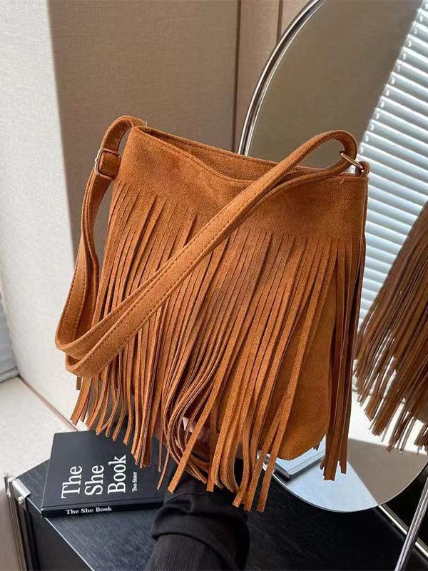 New Coffee Faux Suede Tassel Versatile Shoulder Crossbody Bag