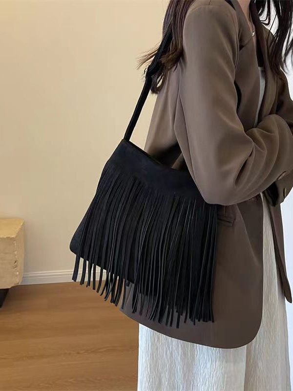 New Coffee Faux Suede Tassel Versatile Shoulder Crossbody Bag