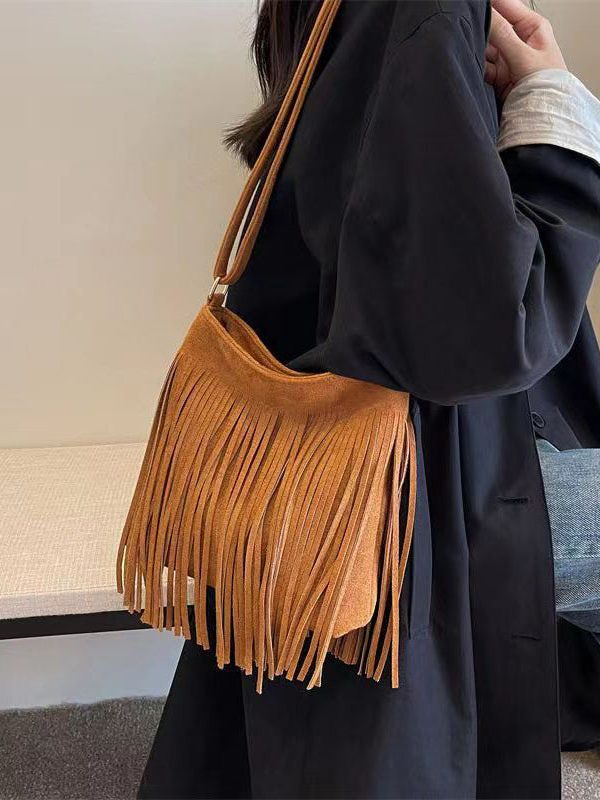 New Coffee Faux Suede Tassel Versatile Shoulder Crossbody Bag