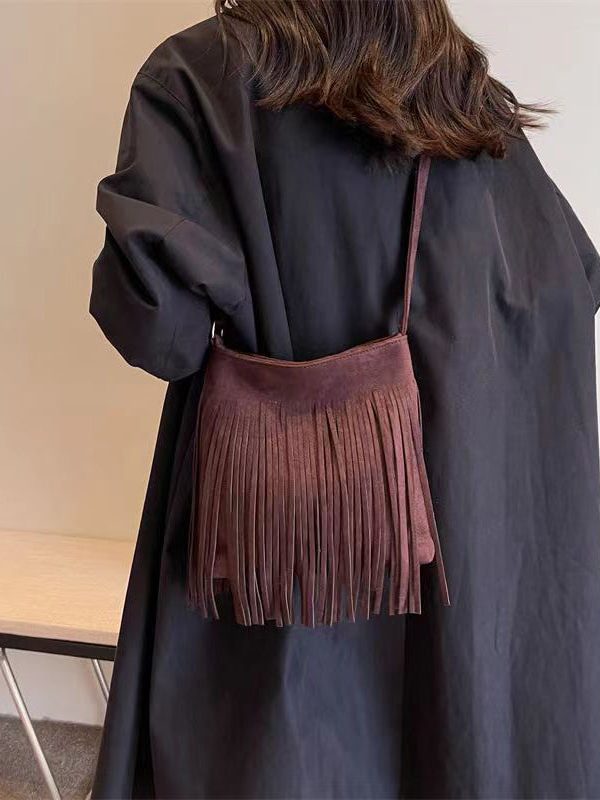 New Coffee Faux Suede Tassel Versatile Shoulder Crossbody Bag