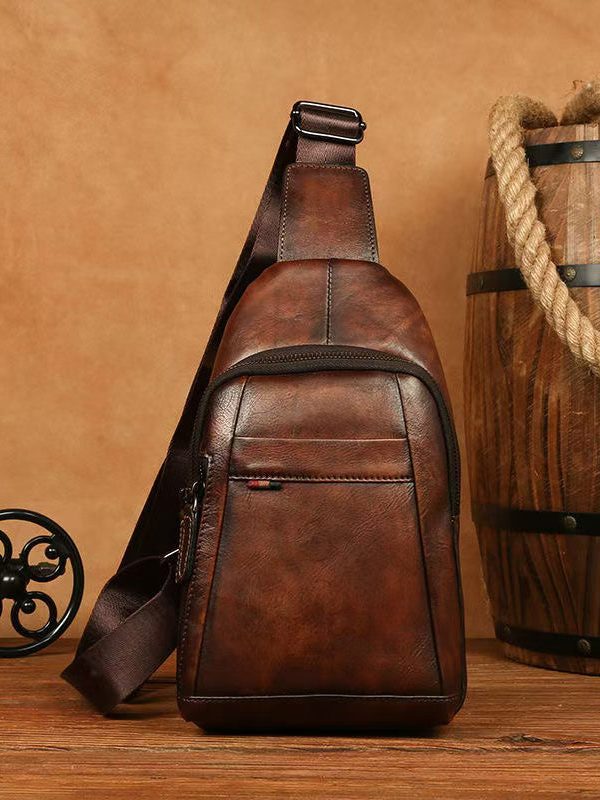 New Coffee Men's Calf Leather Large Capacity Chest Bag