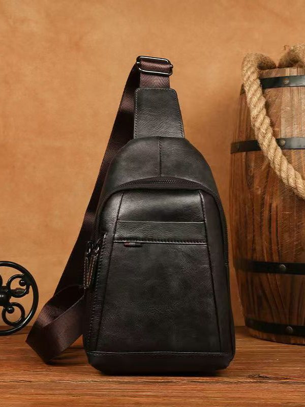 New Coffee Men's Calf Leather Large Capacity Chest Bag