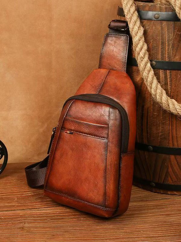 New Coffee Men's Calf Leather Large Capacity Chest Bag