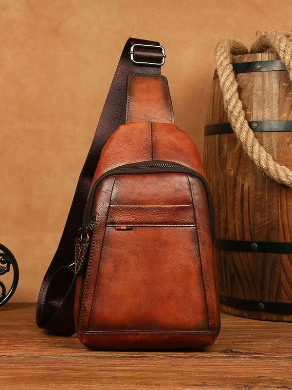 New Coffee Men's Calf Leather Large Capacity Chest Bag