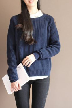 new dark blue solid color cotton knit t shirt vintage loose batwing sleeve sweater tops