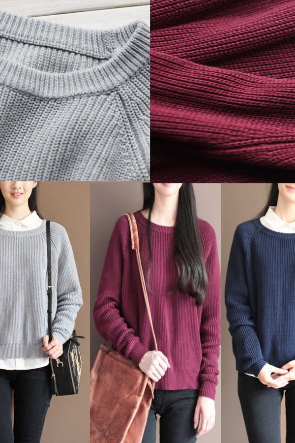 new dark blue solid color cotton knit t shirt vintage loose batwing sleeve sweater tops