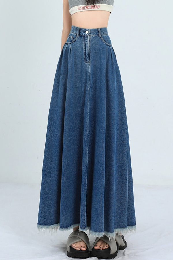 New Denim Blue Raw Edge High Waist Denim Skirt Summer