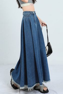 New Denim Blue Raw Edge High Waist Denim Skirt Summer
