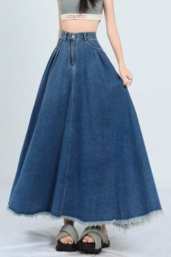 New Denim Blue Raw Edge High Waist Denim Skirt Summer
