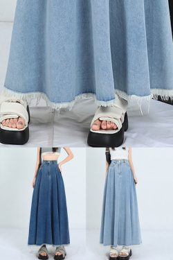 New Denim Blue Raw Edge High Waist Denim Skirt Summer