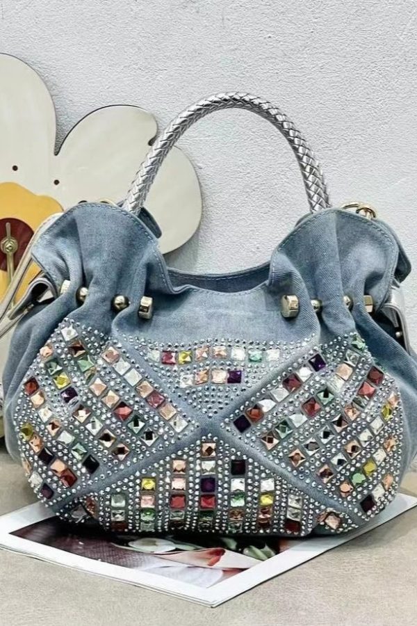 New Fashion Blue Denim Zircon Tote Bag