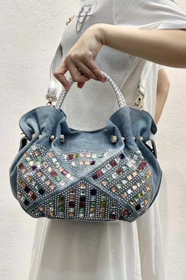 New Fashion Blue Denim Zircon Tote Bag