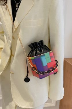 New Fashionable Black Plaid Drawstring Crossbody Bucket Bag