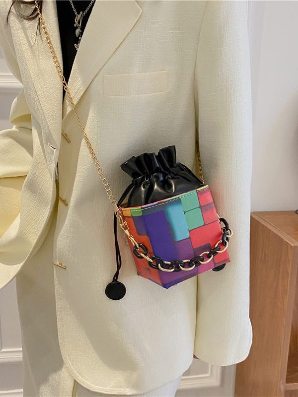 New Fashionable Black Plaid Drawstring Crossbody Bucket Bag