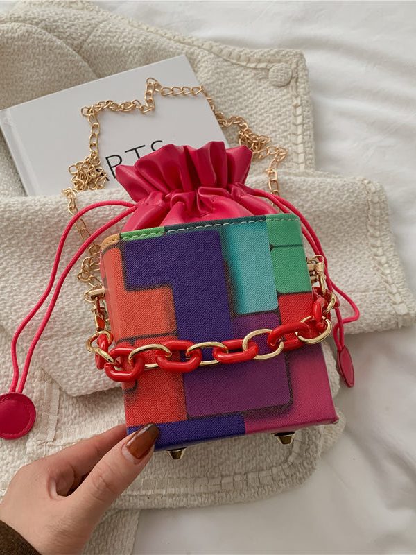 New Fashionable Black Plaid Drawstring Crossbody Bucket Bag