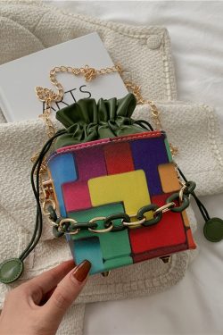 New Fashionable Black Plaid Drawstring Crossbody Bucket Bag