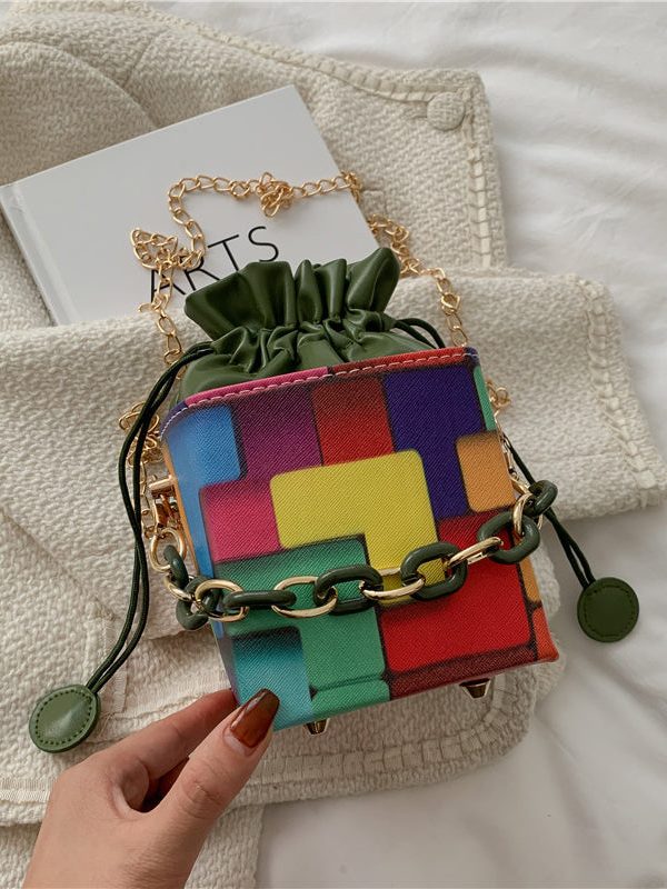 New Fashionable Black Plaid Drawstring Crossbody Bucket Bag