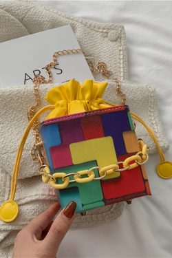 New Fashionable Black Plaid Drawstring Crossbody Bucket Bag