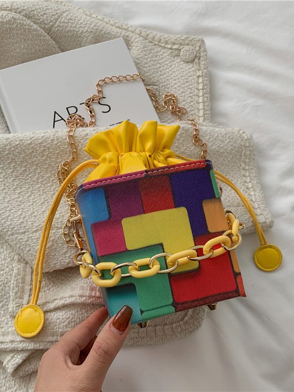 New Fashionable Black Plaid Drawstring Crossbody Bucket Bag