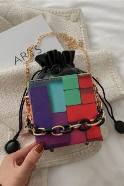 New Fashionable Black Plaid Drawstring Crossbody Bucket Bag