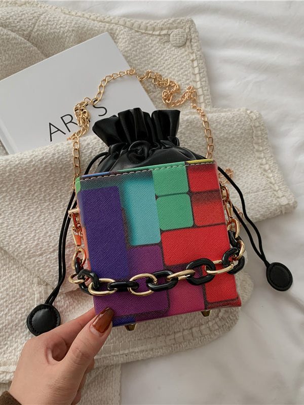 New Fashionable Black Plaid Drawstring Crossbody Bucket Bag