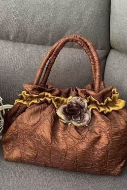 New Gold Versatile Wrinkled Flower Tote Handbag