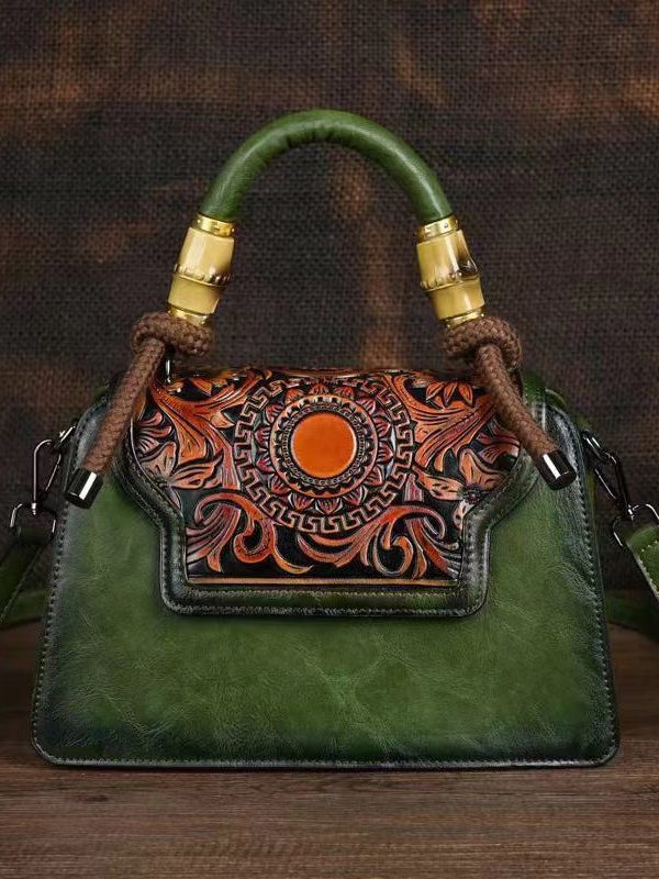 New Green Hand Carved Retro Chinese Style Tote Handbag
