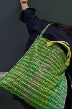 New Green Plaid Large Capacity Canvas Tote Handbag