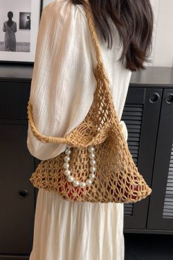 New Khaki Hollow Out Beading Fashionable Weaving Satchel Bag Handbag