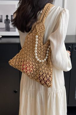 New Khaki Hollow Out Beading Fashionable Weaving Satchel Bag Handbag