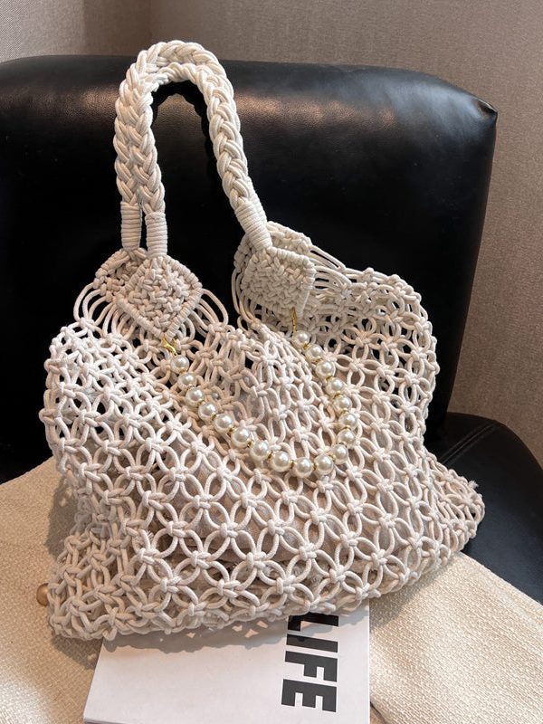 New Khaki Hollow Out Beading Fashionable Weaving Satchel Bag Handbag