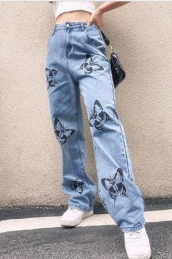 New Light Blue Butterfly Print Patchwork Denim Wide Leg Pants
