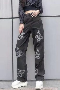 New Light Blue Butterfly Print Patchwork Denim Wide Leg Pants