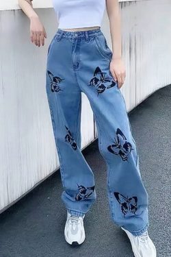 New Light Blue Butterfly Print Patchwork Denim Wide Leg Pants