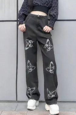 New Light Blue Butterfly Print Patchwork Denim Wide Leg Pants