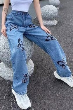 New Light Blue Butterfly Print Patchwork Denim Wide Leg Pants