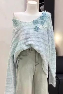New Light Blue Cold Shoulder Floral Knit Sweaters Spring