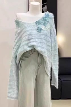New Light Blue Cold Shoulder Floral Knit Sweaters Spring