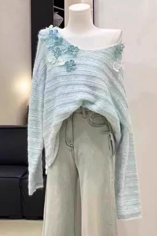 New Light Blue Cold Shoulder Floral Knit Sweaters Spring