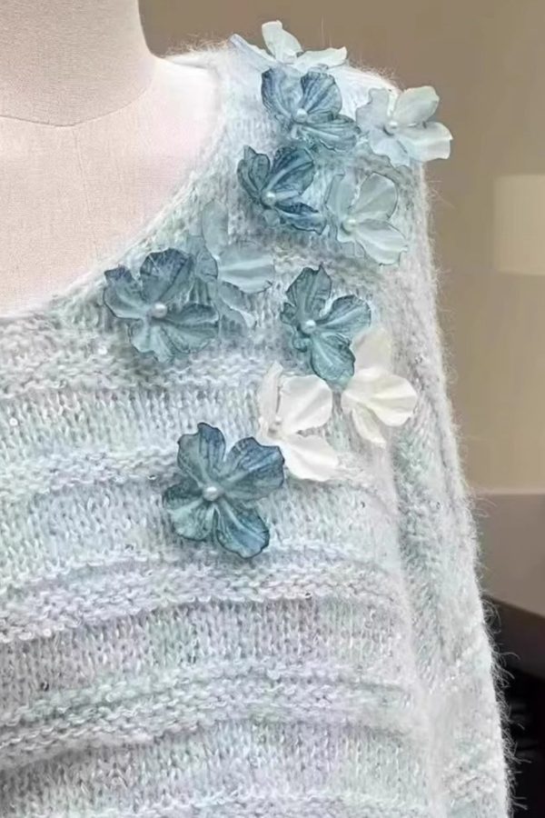 New Light Blue Cold Shoulder Floral Knit Sweaters Spring