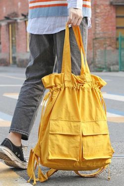 New outfit Design Double Front Pockets Simple Drawstring yellow Backpacks
